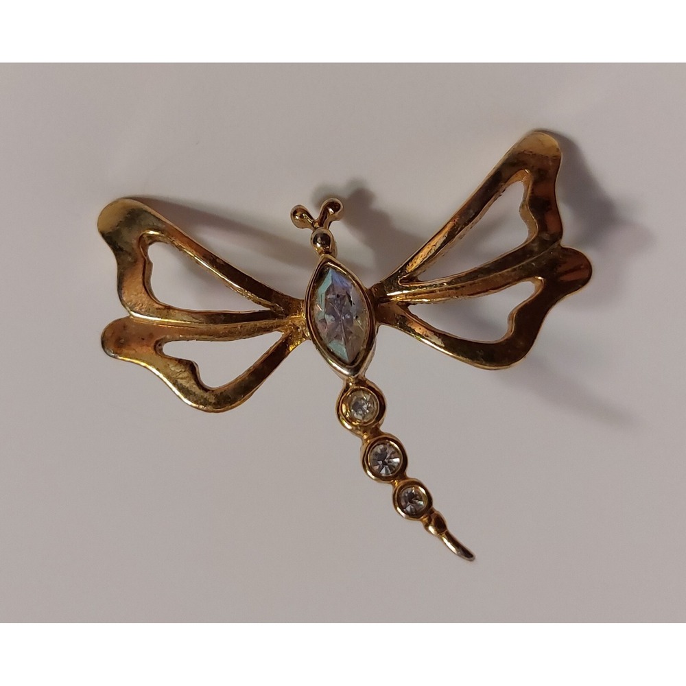 Vintage Dragonfly Gold Tone Aurora Borealis Avon Crystals Brooch Lapel Pin 1980s